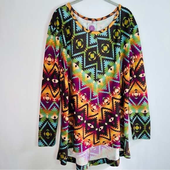 DOUBLE D RANCH COWBOY BEDROLL PRINT FLOWY KNIT TUNIC TOP LS SIZE 1X - Picture 1 of 6